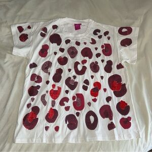 QUEEN OF SPARKLES Red and White Short Sleeve Tee l sequin beaded new